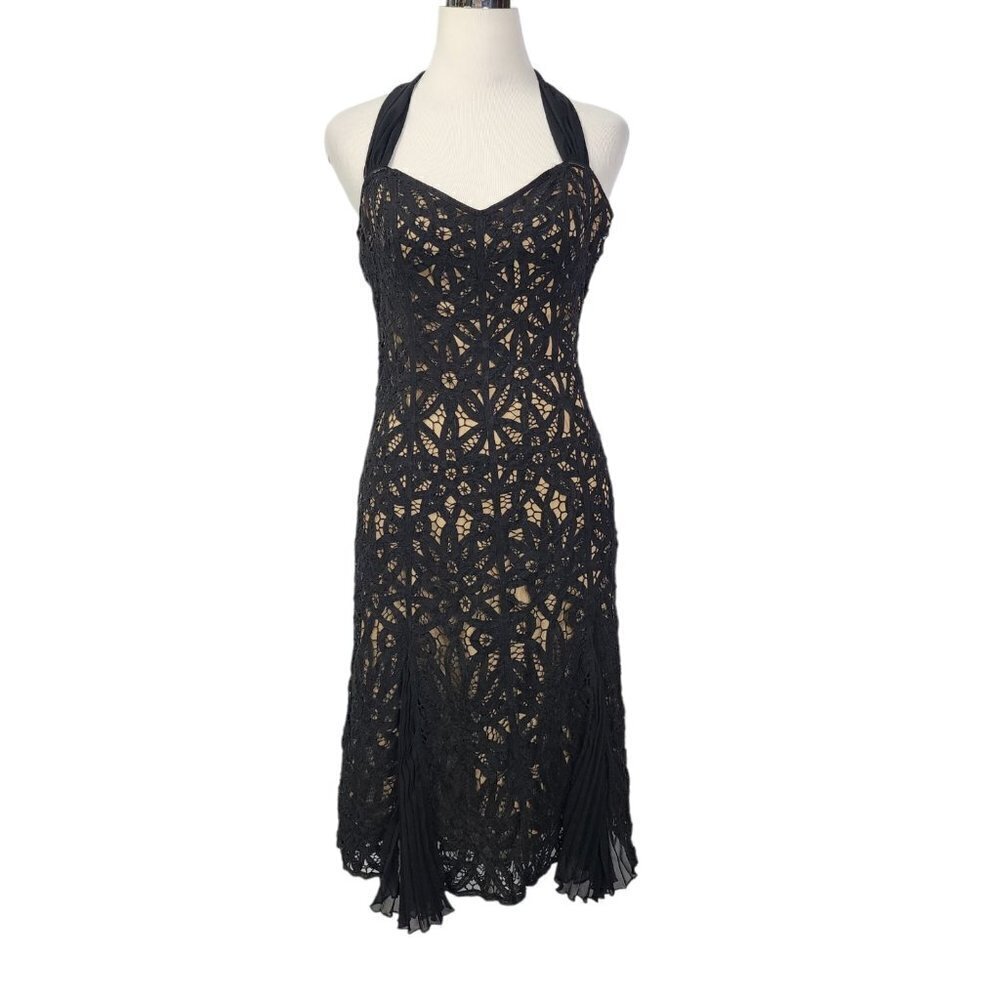 VTG 90s Y2k Black Nude Lace Overlay‎ Chiffon Halter Dress Knee Length Size 2